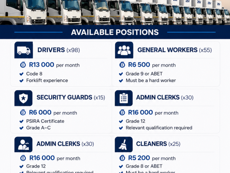 URGENT HIRING: CLEANERS, GENERAL WORKERS, SECURITY OFFICERS & DRIVERS NEEDED AT DSV!