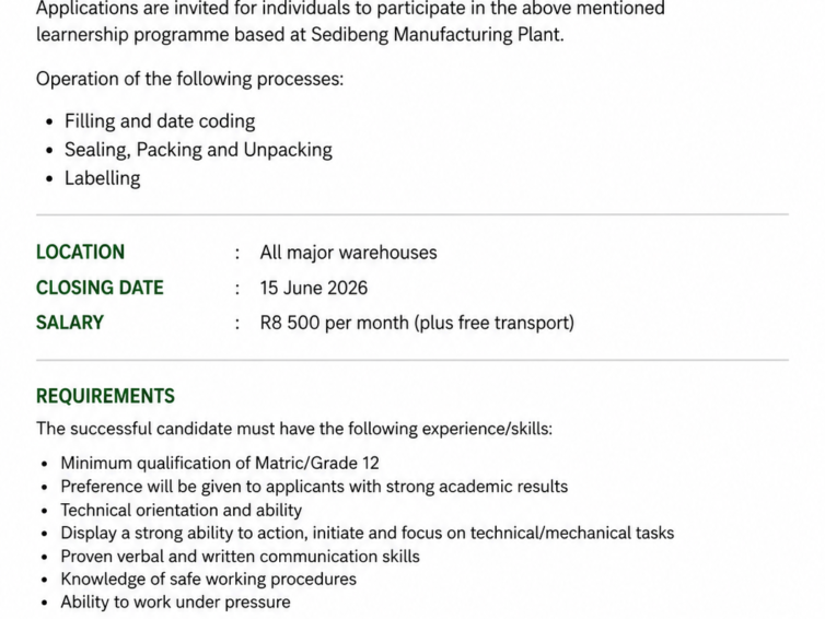 Heineken Plant Learnership 2026 – NQF Level 3 Packaging Operations