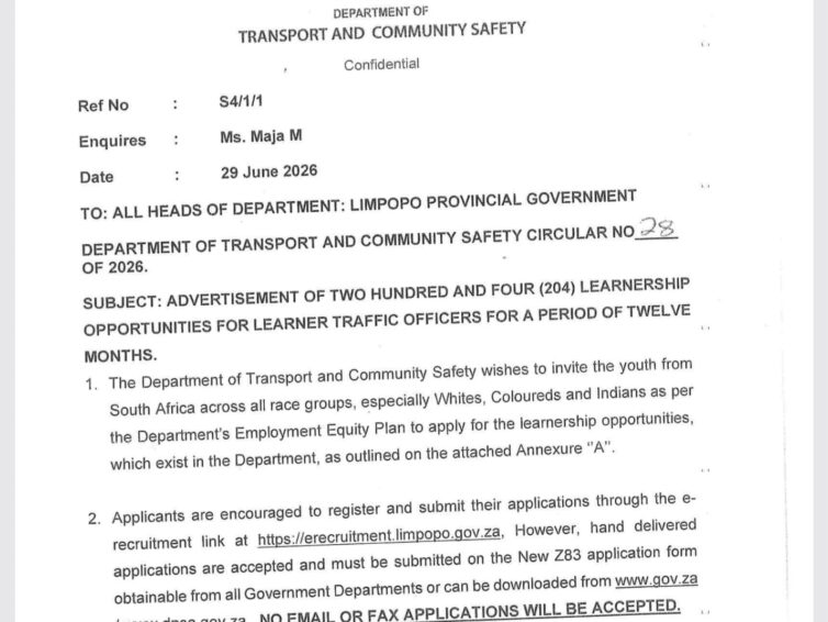Limpopo Provincial Government Traffic Learner Officer Learnership 2026 (204 Opportunities)
