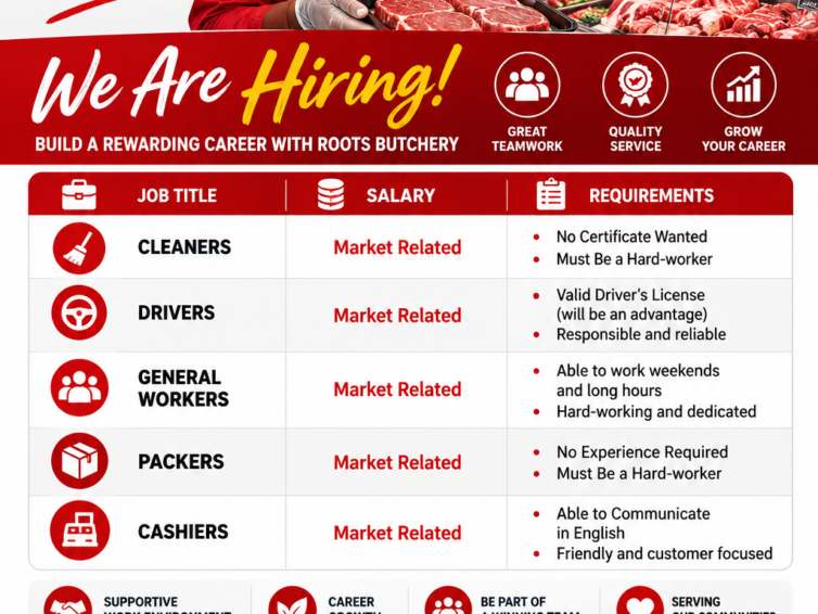 Roots Butchery Jobs 2026: Cleaners, Drivers, General Workers, Packers and Cashiers