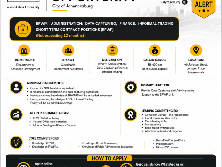 City of Johannesburg EPWP Administration & Data Capturing Jobs 2026